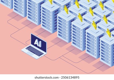 AI power use and energy consumption - Artificial intelligence service using excessive amounts of energy from data centre server park. Isometric vector illustration