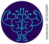 AI power vector icon. Combines human brain, muscular arms, and circuit lines. Blue thin line style on dark circular background. Represents artificial intelligence, cognitive power, and smart computing