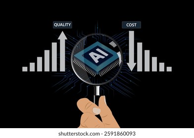 AI powered business optimization concept, Cost reduction and Quality control, Artificial Intelligence driven automation optimizes workflows, Improves quality, Reduces expenses in business operations.