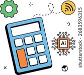 AI powered calculator for budgeting and analytics. Flat 2D scene for fintech dashboards, KPIs, and planning tools. Fits finance apps. Ideal for apps, websites, dashboards, and presentations.