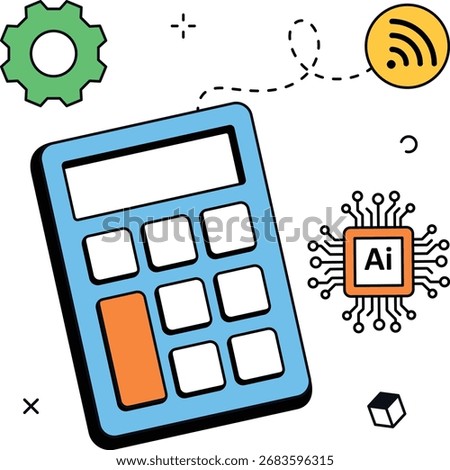 AI powered calculator for budgeting and analytics. Flat 2D scene for fintech dashboards, KPIs, and planning tools. Fits finance apps. Ideal for apps, websites, dashboards, and presentations.
