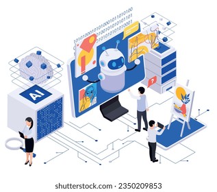 Durch Ai angetriebene Content-Erstellung isometrische Zusammensetzung mit menschlichen Charakteren und niedlichen Robotern, die Kunst auf Computerbildschirm 3D-Vektorgrafik