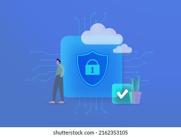 AI Powered Data Privacy and Security concept. Using Artificial Intelligence in Cybersecurity. Shield with keyhole icon illustration - business concept of PDPA data security and protection