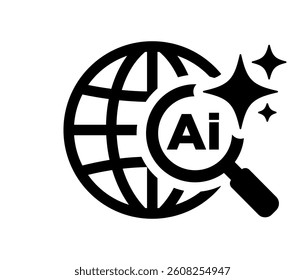 AI powered global search icon. Magnifying glass sign. Search icon. Modern flat pictogram. Artificial Intelligence concept. Vector  on transparent background