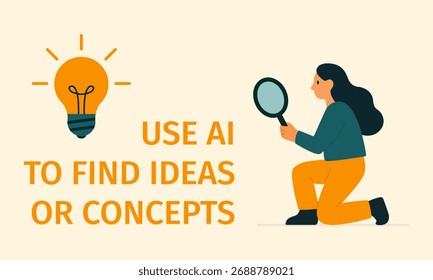 AI Powered idea discovery concept with light bulb and woman holding magnifying glass. Minimalist vector illustration symbolizing innovation and exploration through artificial intelligence
