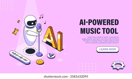 AI powered music tool poster. Bot with microphone near audio message. Artificial intelligence and machine learning. Landing webpage design. Isometric vector illustration