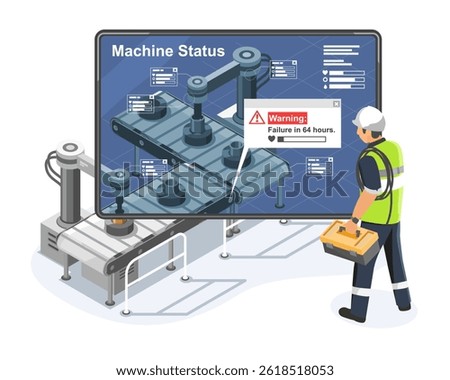 AI powered predictive maintenance system detecting early signs of machine wear and forecasting equipment failure to optimize industrial repair schedules isometric
