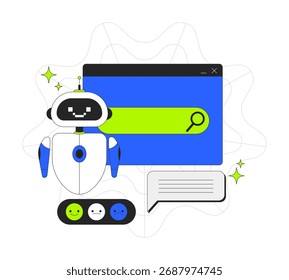 AI powered search bar 2D onboarding ui illustration. Artificial intelligence chatbot. Machine learning search engine technology cartoon concept isolated on white. Flat abstract vector metaphor