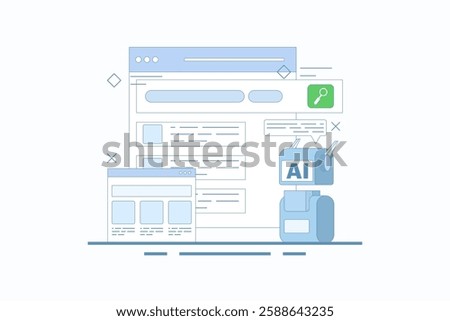 AI powered search results concept, Artificial intelligence integrated with search engine, AI search results, content based title, landing page, flat vector illustration in background.