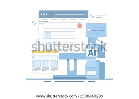 AI powered search results concept, Artificial intelligence integrated with search engine, AI search results, content based title, landing page, flat vector illustration in background.