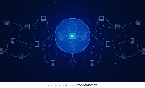 AI powered software concept with futuristic microchip and document connections. Digital technology to improve business management organizing information from large amounts of data. Vector illustration