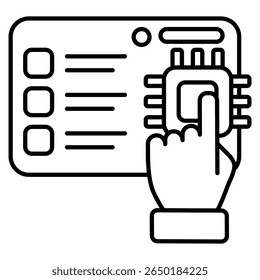 KI-gestütztes Umfragesymbol, dargestellt durch Chip, Hand, Checkliste, Dashboard-Linienstil.
