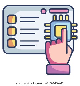 AI powered survey icon represented by chip, hand, checlist, dashboard Lineal Color style.