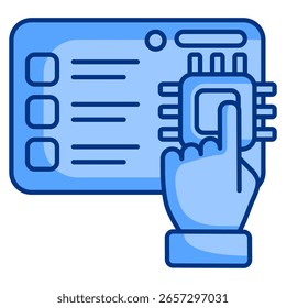 Ícone de pesquisa com IA representado por chip, mão, lista de verificação, painel de controle Estilo azul.