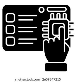 KI-gestütztes Umfrage-Symbol, dargestellt durch Chip, Hand, Checkliste, Dashboard Black Filled Stil.