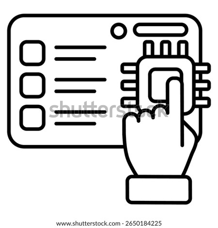 AI powered survey icon represented by chip, hand, checlist, dashboard Line style.