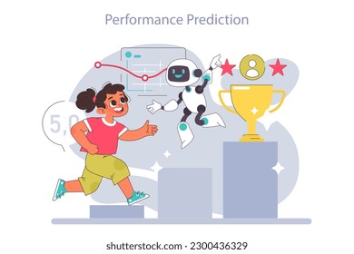 AI predict student performance in education process. Little school girl gaining knowledge with help of artificial intelligence. School course study with virtual assistant. Flat Vector illustration