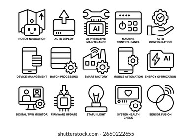 AI manutenção preditiva e conjunto de ícones de contorno de fábrica inteligente. Automação industrial e gerenciamento de dispositivo móvel linha de sinal de arte. Painel de controle da máquina e pacote de símbolos de otimização de energia.