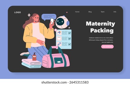 Conselheiro de gravidez AI que ajuda na embalagem de maternidade. Uma mulher grávida usa seu telefone enquanto organiza os itens essenciais para o parto. O assistente robô fornece dicas úteis e listas de verificação. Vetor