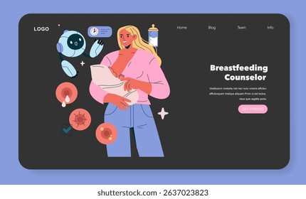 AI Pregnancy Counselor concept. Illustrates a supportive figure using technology to guide new parents through breastfeeding challenges. Highlights the blending of modern tech with compassionate care