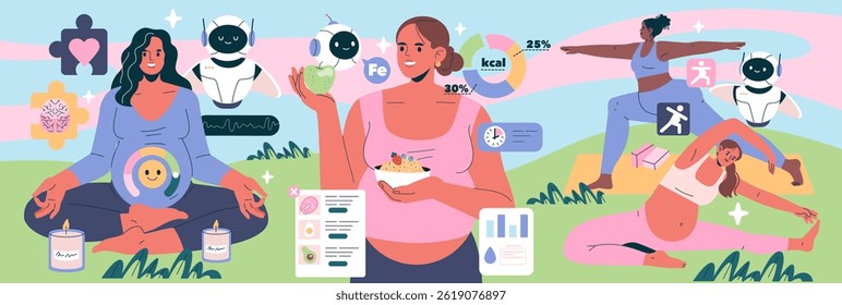 AI Pregnancy Counselor concept. Illustration showing a diverse group of pregnant women engaging in wellness activities with AI support. It highlights nutrition, fitness, and mental well-being. Vector