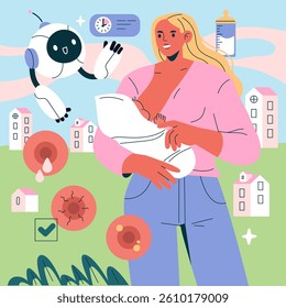 AI Pregnancy Counselor concept. This illustration features a mother nurturing her baby while an AI robot offers support, emphasizing the integration of technology in parenting. A blend of health and