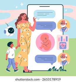 AI Pregnancy Counselor in the form of an illustration features a pregnant woman engaging with an app while holding a child's hand. It highlights the support and information technology can provide to