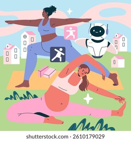 AI Pregnancy Counselor illustration. Highlighting the blend of technology and wellness, featuring diverse women engaging in yoga with support from an AI assistant. Emphasizing health during pregnancy.