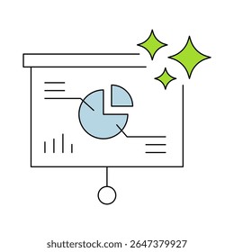 Ícone do AI Presentation Maker. Quadro de apresentação com ícone de gráfico de pizza. Design de slides automatizado, criação de apresentações com IA.
