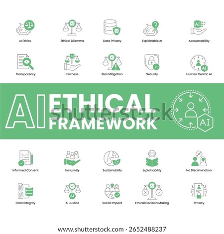 AI Principles for Ethical Innovation Icon Set – Featuring Transparency, Fairness, Data Privacy, Accountability, Security, Bias Mitigation