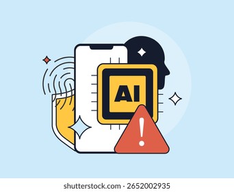 Riscos para a privacidade da IA em tecnologias móveis com acesso a dados biométricos, advertência de segurança e preocupações éticas relacionadas com a IA. Riscos à privacidade da IA - acesso a todas as informações privadas da pessoa. Ilustração de vetor plano