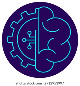 AI Process Automation Icon. Minimalistic neon outline on a dark blue round background. A stylish vector illustration of a brain combined with a digital gear, symbolizing cognitive computing, automated workflow, and smart system configuration