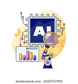 Processo de IA, criação e melhoria da inteligência artificial. Análise isolada de vetor e lupa com chip para hardware de computador ou robô. Inovações e tecnologia futuristas