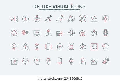 AI process implementation with smart machines, drone and robot, digital services automation line icon set. Tech network and electronics, thin black and red outline symbols vector illustration