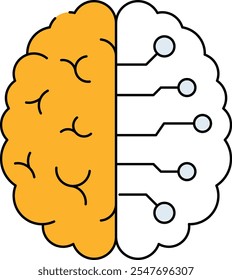 Icono de procesamiento de IA . Esquema del cerebro integrado con líneas de circuito. Color negro y amarillo. Ilustración vectorial.