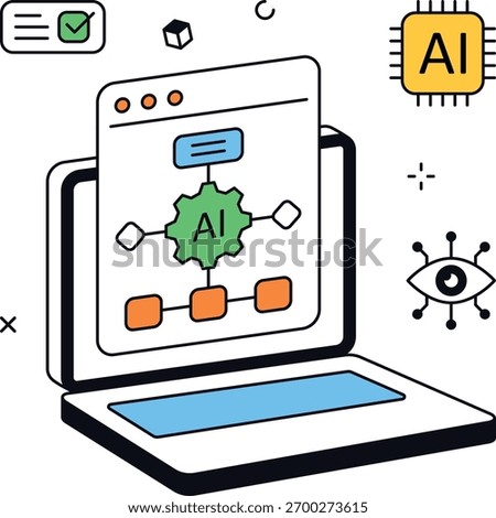 AI processing running on a laptop displaying a neural network. Represents complex data processing and artificial intelligence advancements. isometric flat vector illustration.