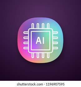 AI processor app icon. UI/UX interface. Microprocessor for artificial intelligence system. Microchip, chipset. CPU. Central processing unit. Computer, phone processor. Vector isolated illustration