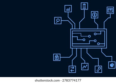 AI Processor Chip and Fintech Network Infrastructure Background with Copyspace Vector