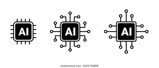 AI processor chip icon, Artificial intelligence Processor circuit vector set. Mini AI CPU icons for technology and computing