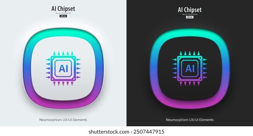 AI processor chip icon. A set of buttons with Chip symbols. Artificial intelligence technology concept. Neumorphism style, UI UX design, Vector illustration.