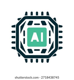 AI Processor Chip Vector Icon - This vector illustration depicts a stylized artificial intelligence (AI) processor chip, featuring the letters "AI" in a vibrant green on a dark teal circuit board design. The flat design and clean lines make it ideal for technology-related presentations, websites, or educational materials. It symbolizes advanced computing, machine learning, and future innovations in smart technology.