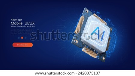 AI Processor Chipset Concept Illustration on Blue Circuit Background. AI processor chip with a futuristic blue circuit design, showcasing high-tech computing power and artificial intelligence. Vector