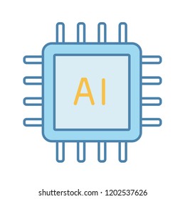 AI processor color icon. Microprocessor for artificial intelligence system. Microchip, chipset. CPU. Central processing unit. Computer, phone processor. Isolated vector illustration