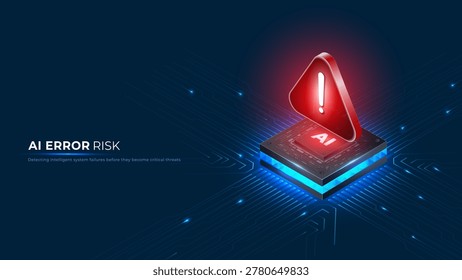 Ai processor displaying a warning sign, symbolizing potential errors, data breaches, and vulnerabilities in smart systems and data networks