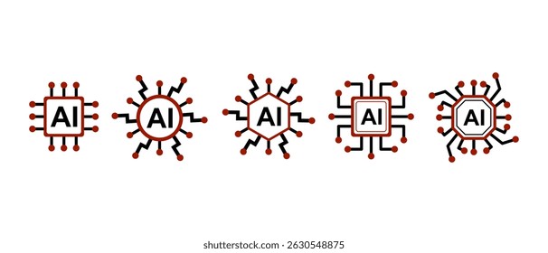 Conjunto de ícones de processador AI, ícones minimalistas de chip de inteligência artificial.