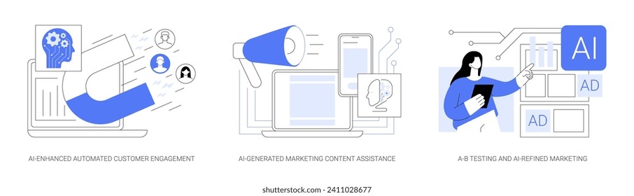 AI in Produktwerbung abstraktes Konzept Vektorgrafik Set. AI-erweitertes automatisches Kundenengagement, AI-generierte Marketinginhalte, A-B-Tests und abstrakte AI-Refined Marketing-Metapher.