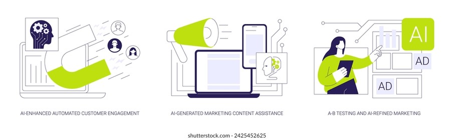 AI in product advertising abstract concept vector illustration set. AI-Enhanced Automated Customer Engagement, AI-Generated Marketing Content, A-B Testing and AI-Refined Marketing abstract metaphor.