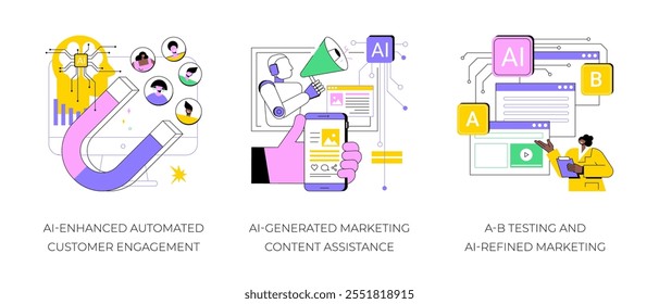 AI en el conjunto de Ilustración vectorial de concepto abstracto de publicidad de productos. Compromiso de Clientes automatizado mejorado por IA, contenido de marketing generado por IA, pruebas A-B y metáfora abstracta de marketing refinada por IA.