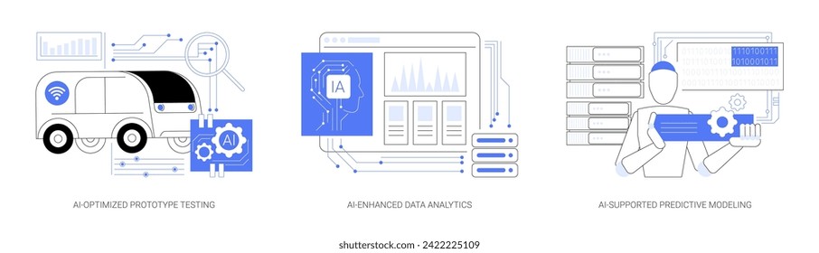 AI for Product and Models Development abstract concept vector illustration set. AI-Optimized Prototype Testing, AI-Enhanced Data Analytics, Predictive Modeling, research application abstract metaphor.