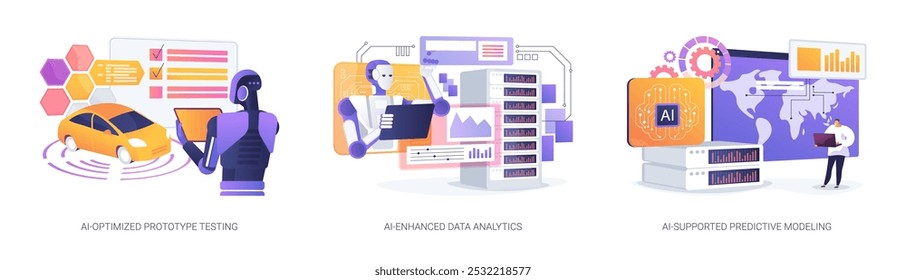 AI para o desenvolvimento de produtos e modelos conceito abstrato vetor ilustração conjunto. AI-Otimized Prototype Testing, AI-Enhanced Data Analytics, Modelagem Preditiva, aplicação de pesquisa metáfora abstrata.